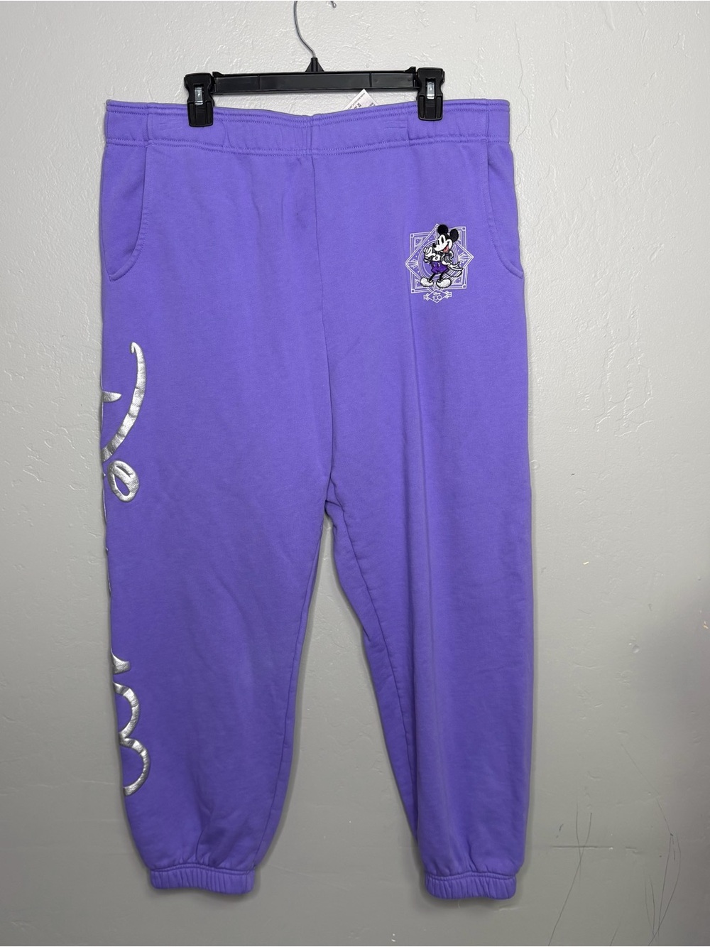 Disney 100 Years Mickey Mouse Purple Sweatpants Joggers Silver Graphic Sz L